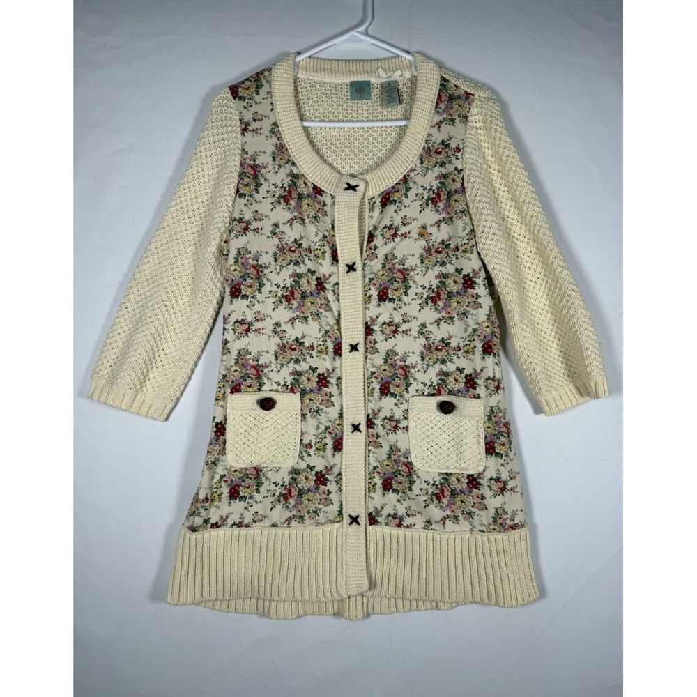 HWR Anthropologie Cardigan Sweater Women's Large Floral Print Cotton Blend Woven